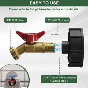 IBC Tote Adapter - 275 330 Gallon Water Tank Adapter with 2.36" Coarse Thread, IBC Tote Fittings, IBC Tote to Garden Hose Adapter with Lead-Free Brass Faucet, Water Tote Hose Adaptor for Garden Hose
