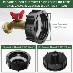 IBC Tote Adapter - 275 330 Gallon Water Tank Adapter with 2.36" Coarse Thread, IBC Tote Fittings, IBC Tote to Garden Hose Adapter with Lead-Free Brass Faucet, Water Tote Hose Adaptor for Garden Hose